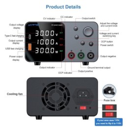 Alimentatore da banco 30V 10A 300W con regolatore di tensione CC USB/TYPE-C 18W