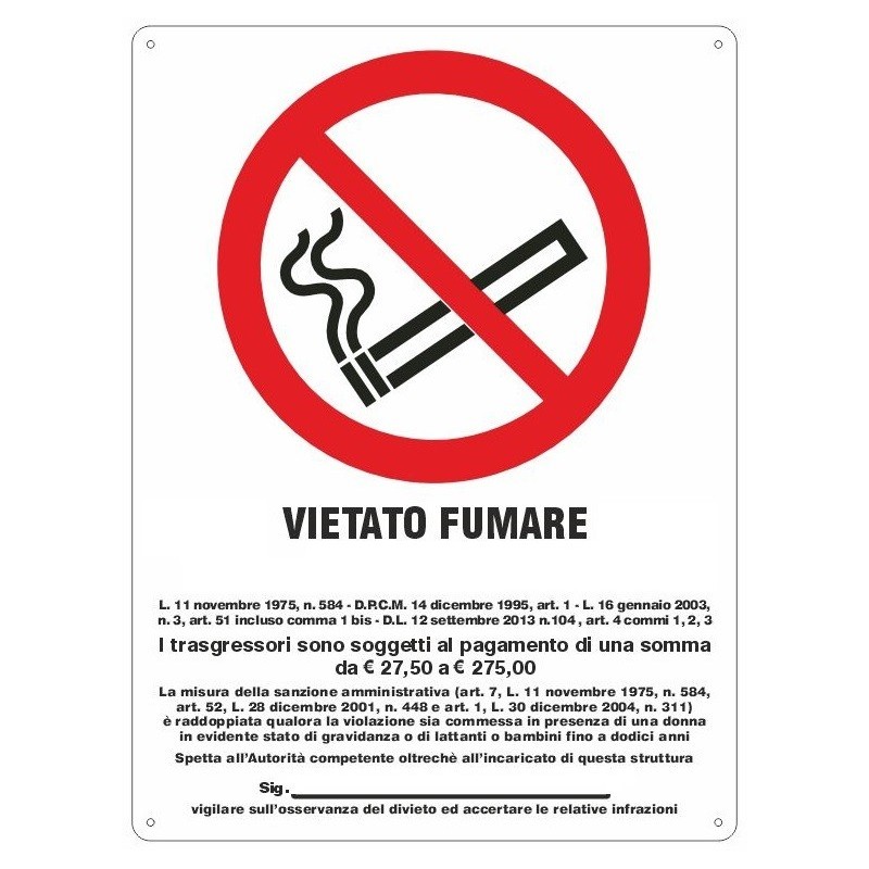 Cartello segnaletico vietato fumare con legge 20x30cm