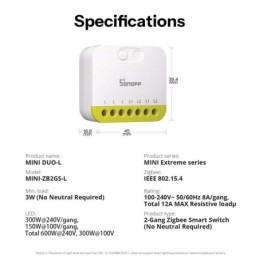 Relè smart Sonoff MINI-ZB2GS-L Zigbee 2 canali senza neutro