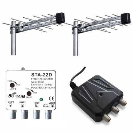 Kit antenna TV DVB-T2 con amplificatore e alimentatore 12V