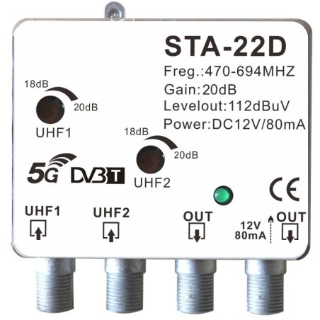 Amplificatore da palo STA-22D 20dB 2 ingressi UHF 2 uscite
