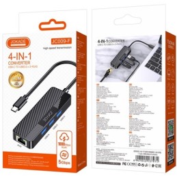 Adattatore hub USB-C 4 in 1 3xUSB 3.0 1xRJ45 Gigabit nero JC009-F
