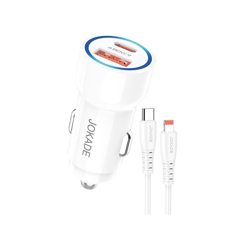 Alimentatore caricabatterie da auto USB/Type-c con cavo Lightning 90W 20V/3A bianco JH048