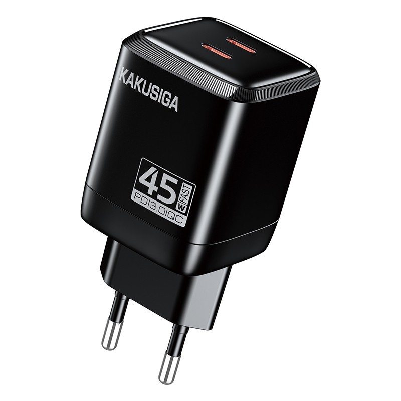Caricatore doppia porta USB-C PD 45W nero ricarica rapida KSC-1604