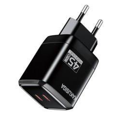 Caricatore doppia porta USB-C PD 45W nero ricarica rapida KSC-1604
