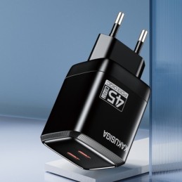 Caricatore doppia porta USB-C PD 45W nero ricarica rapida KSC-1604