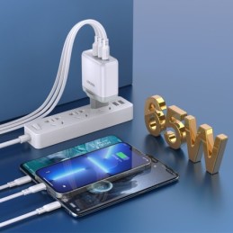 Caricabatterie rapido 65W 2 USB-C + 1 USB-A bianco con cavo Type-C 1m KSC-933