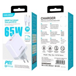 Caricabatterie rapido 65W 2 USB-C + 1 USB-A bianco con cavo Type-C 1m KSC-933
