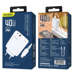Caricabatterie rapido 40W USB-C + USB-A bianco con cavo Type-C 1m KSC-813