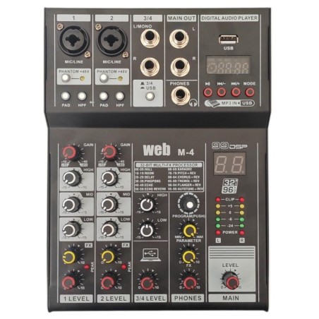 Mixer audio 4 canali WEB M-4 con USB MP3 Bluetooth e 99 effetti DSP
