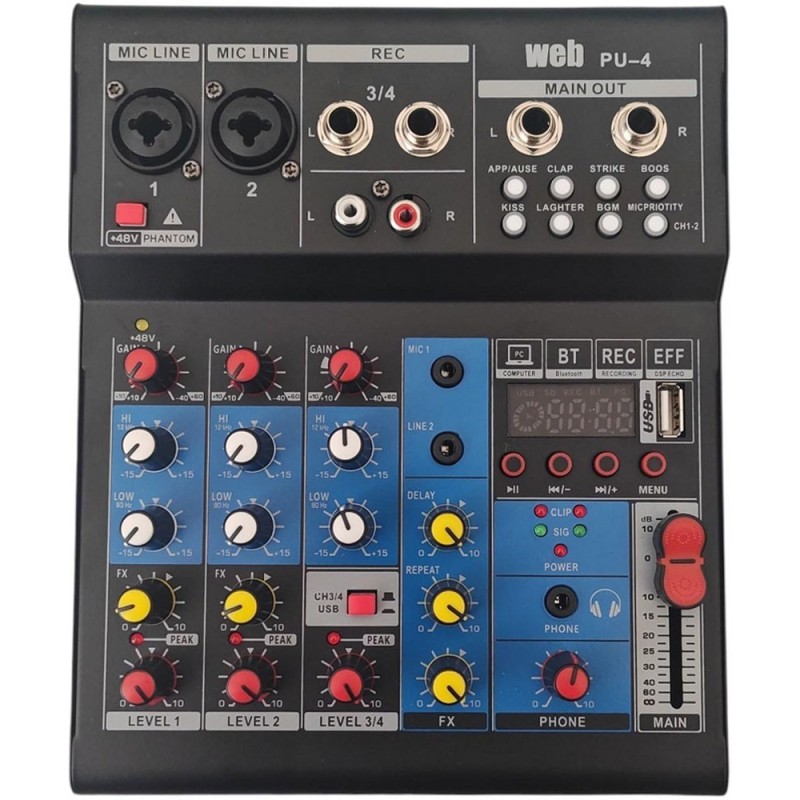 Mixer audio 4 canali USB Bluetooth con effetti DSP PU-4