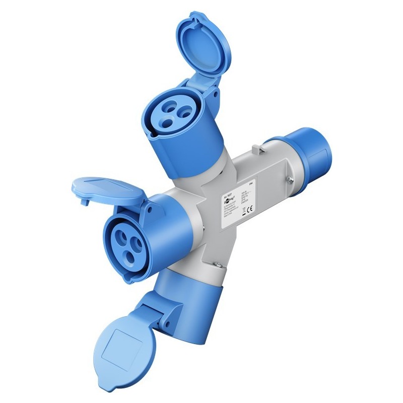 Adattatore CEE blu da campeggio con spina 16A e 3 prese CEE 230V IP44