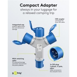 Adattatore CEE blu da campeggio con spina 16A e 3 prese CEE 230V IP44