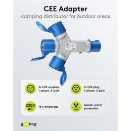Adattatore CEE blu da campeggio con spina 16A e 3 prese CEE 230V IP44
