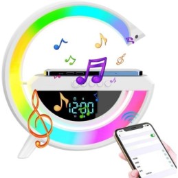 Lampada LED RGB Orologio/Radio FM/Bluetooth/AUX/scheda SD e ricarica wireless