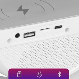 Lampada LED RGB Orologio/Radio FM/Bluetooth/AUX/scheda SD e ricarica wireless