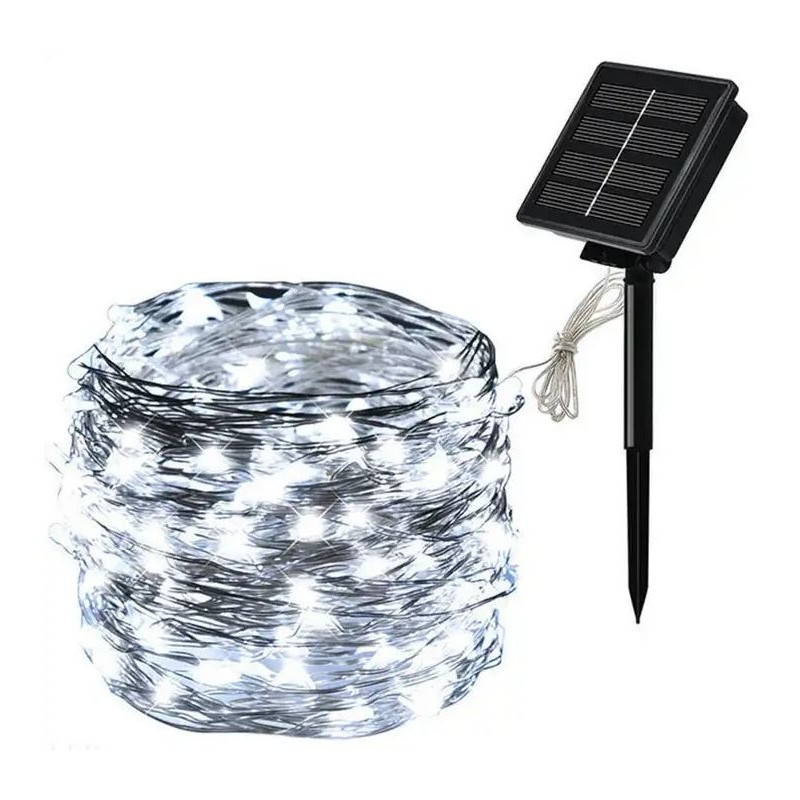 Striscia LED luce fredda in filo di rame 10m 100 led con pannello solare