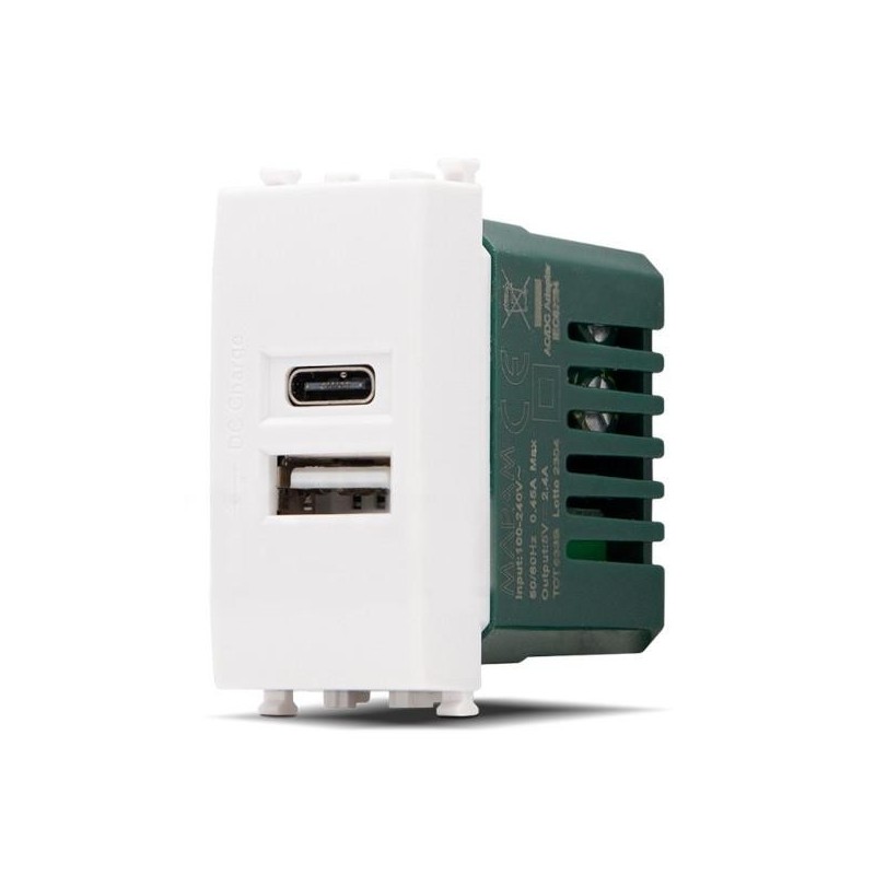 Doppia presa USB USB A - USB tipo C 5V 2.4A compatibile Vimar Plana